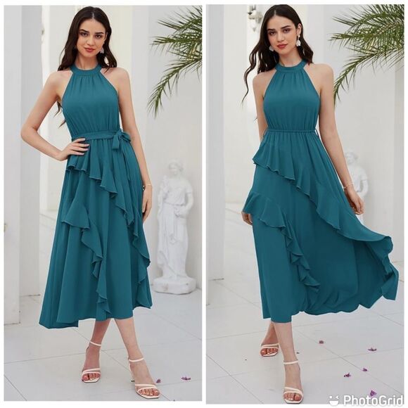 GRACE KARIN Sleeveless Halter Neck Ruffle Hem Split Flowy Long Midi Dress Belt - Picture 1 of 10